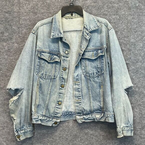 Vintage GUESS BY MARCIANO Jean Jacket Men's Large Blue Trashed Trucker Style - Picture 9 of 15